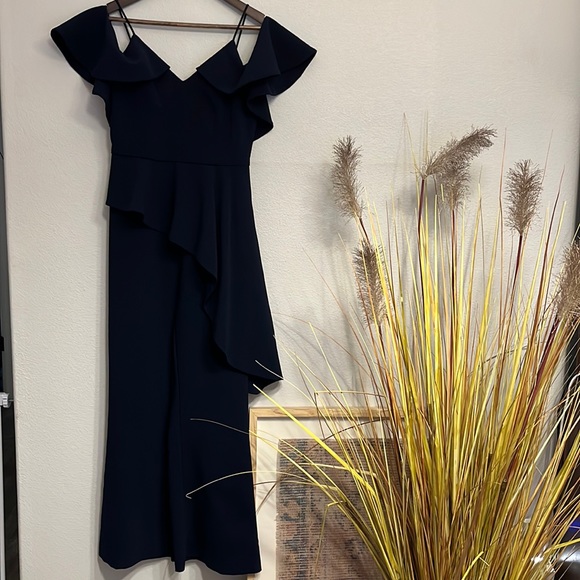 Christian Siriano Dark Navy Designer Jumpsuit with Elegant Ruffle in Size 4 - Picture 1 of 7